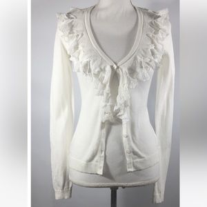 CAbi White Ruffle Cardigan Sweater